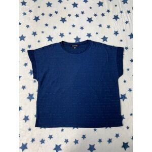 Ellen Tracy Women's Blue Metallic Stripe Boxy T-Shirt Top XXL